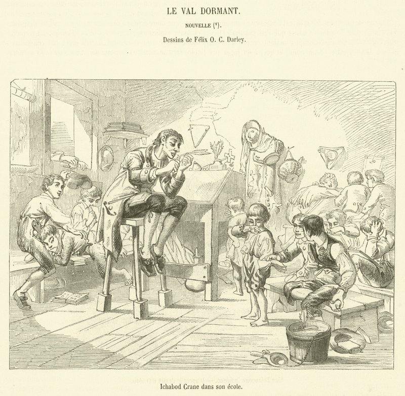 Ichabod Crane in zijn school (gravure) door French School