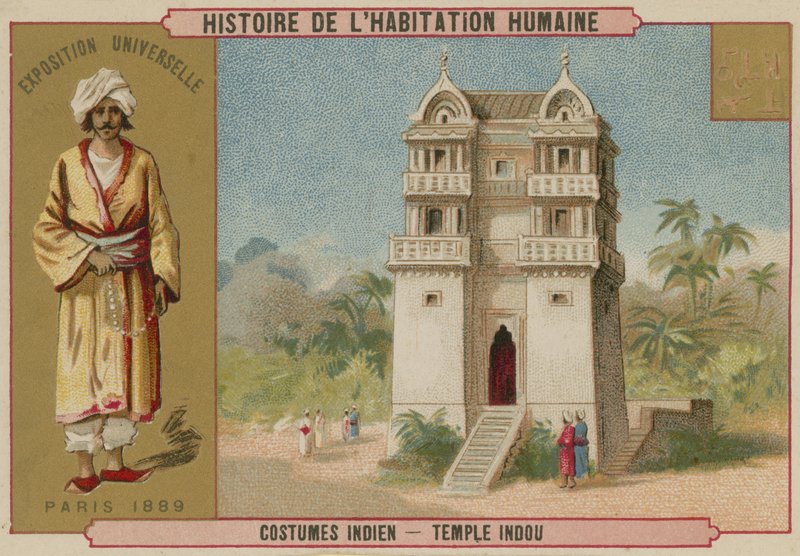 Indiase kostuum en een Hindoe tempel door French School