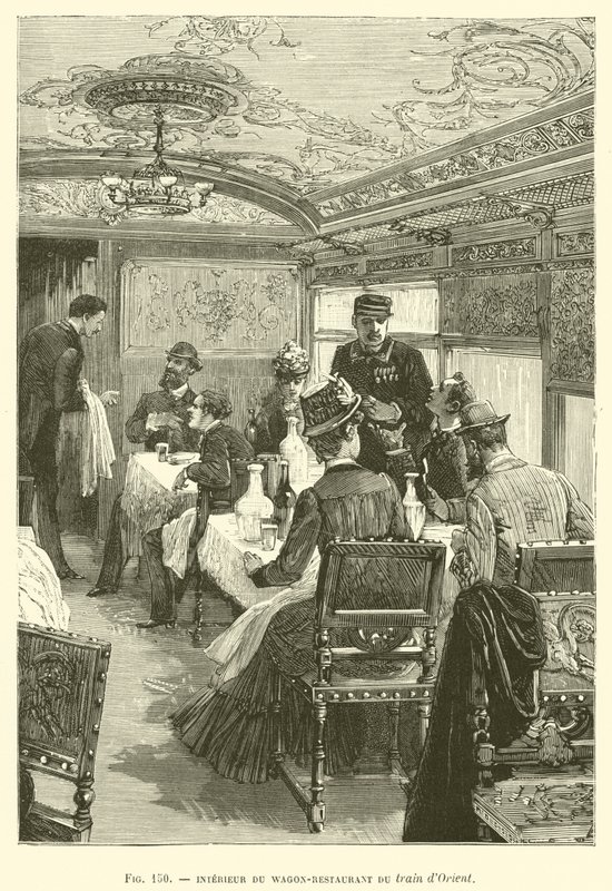 Interieur van de Restauratiewagon van de Oriënt Express (gravure) door French School