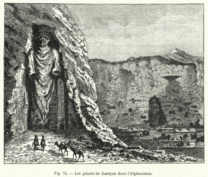 De reuzen van Bamyan in Afghanistan (gravure) door French School