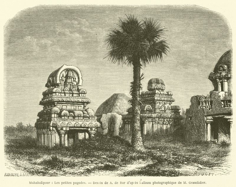 Mahabalipour, De kleine pagodes (gravure) door French School