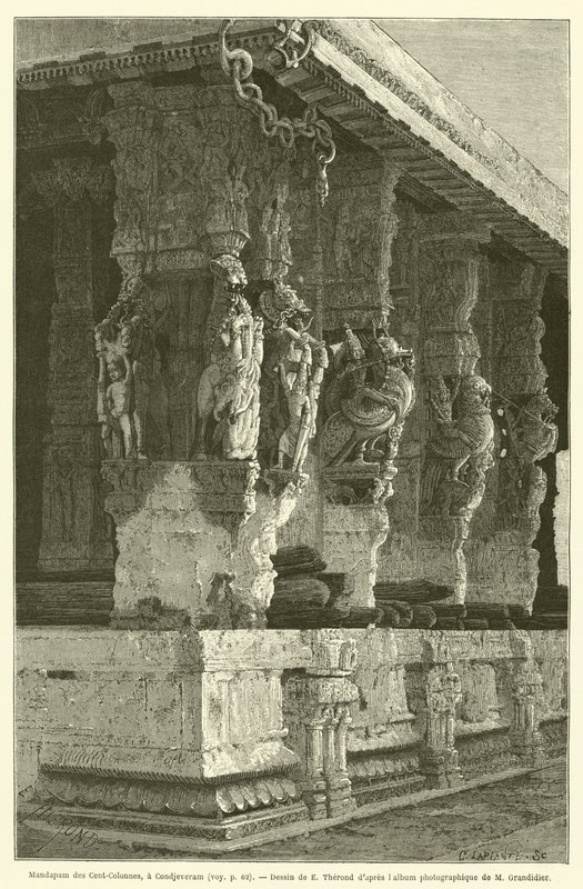 Mandapam van de Honderd Kolommen, in Condjeveram (gravure) door French School