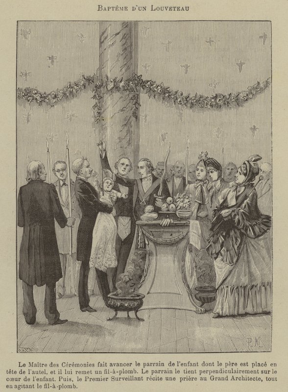Vrijmetselaarsdoop (gravure) door French School