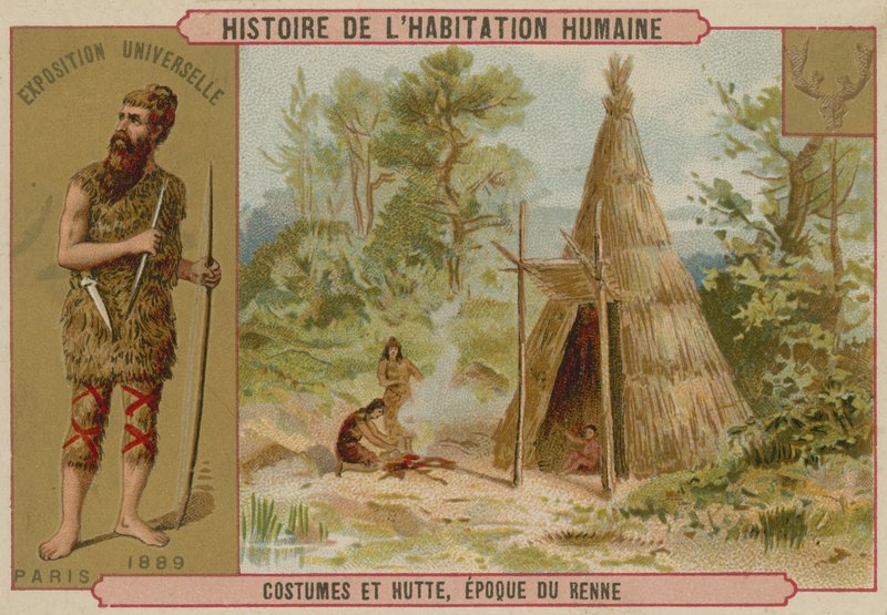 Prehistorisch kostuum en hut door French School