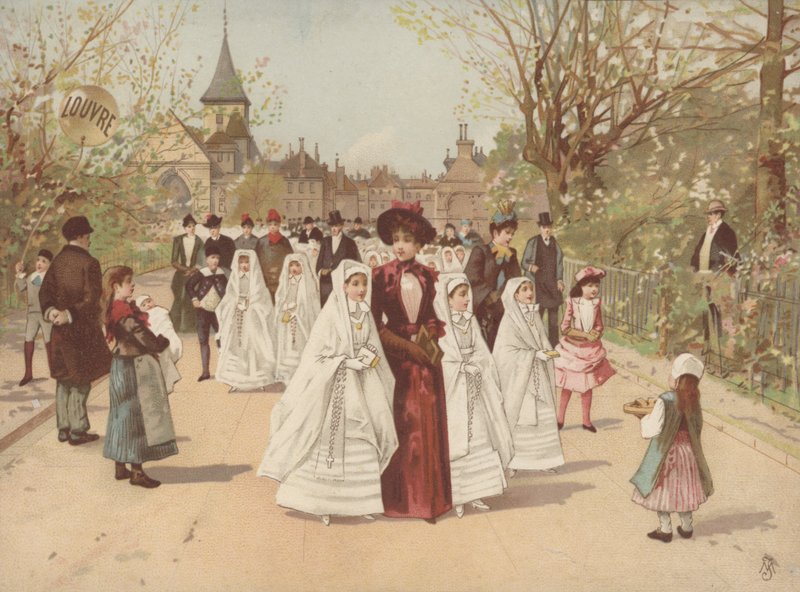 Straatscène met meisjes in Vormseljurken door French School