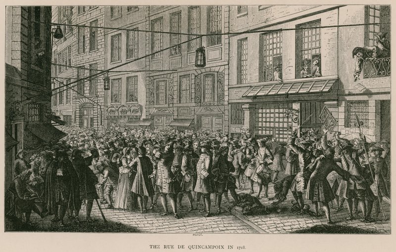 De Rue de Quincampoix in 1718 door French School