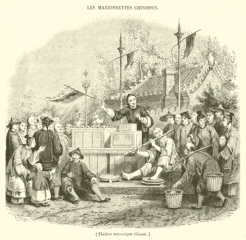 Chinees mechanisch theater (gravure) door French School