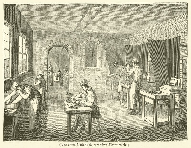 Uitzicht op een lettergieterij (gravure) door French School