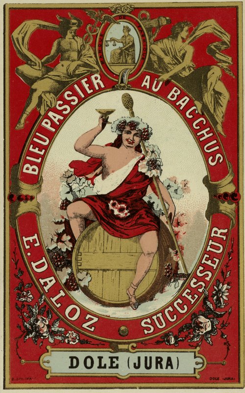 Wijnetiket met afbeelding van Bacchus door French School