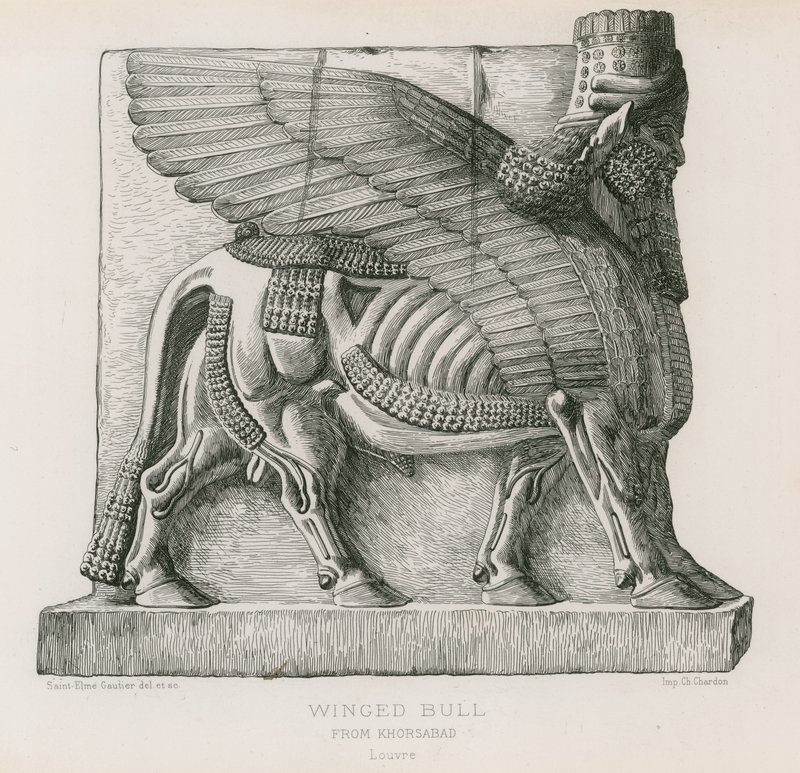Gevleugelde stier, van Khorsabad, Louvre door French School