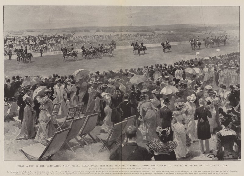 Royal Ascot in het kroningsjaar, de semi-staatsprocessie van koningin Alexandra passeert langs de baan naar de koninklijke tribune op de openingsdag door G.S. Amato