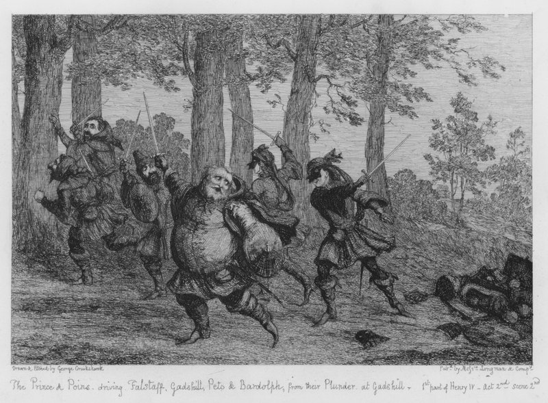 De Prins en Poins verdrijven Falstaff, Gadshill, Peto en Bardolph van hun buit bij Gadshill door George Cruikshank