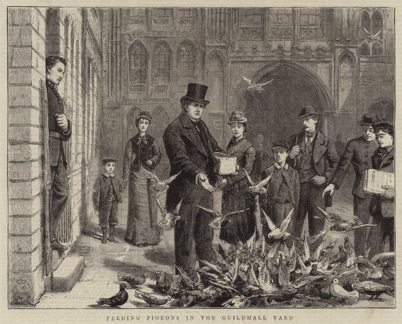 Duiven voeren in de Guildhall Yard door George Goodwin Kilburne