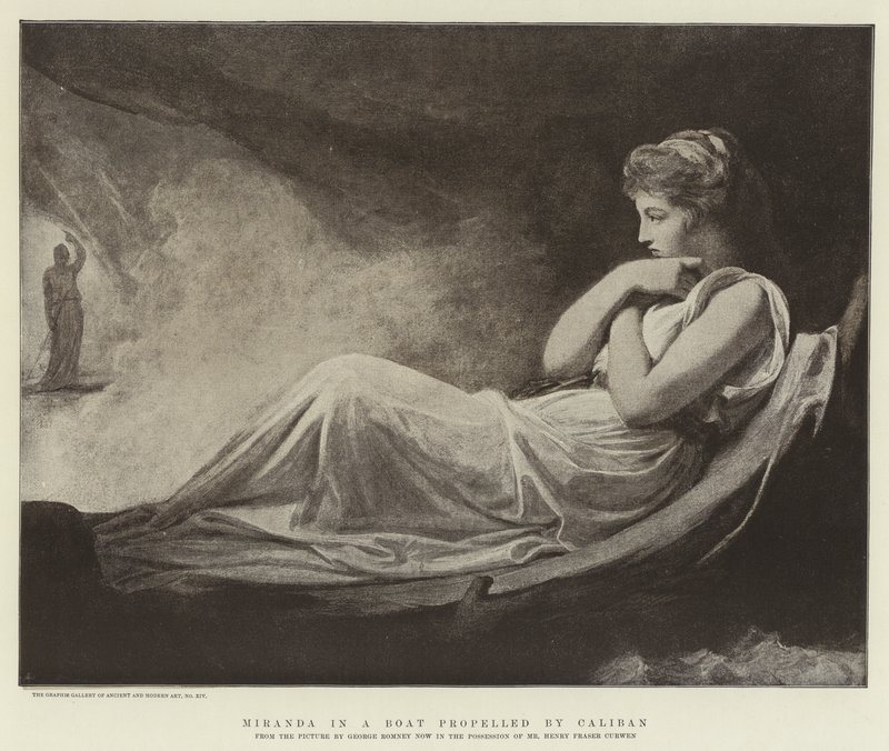 Miranda in een boot voortbewogen door Caliban door George Romney