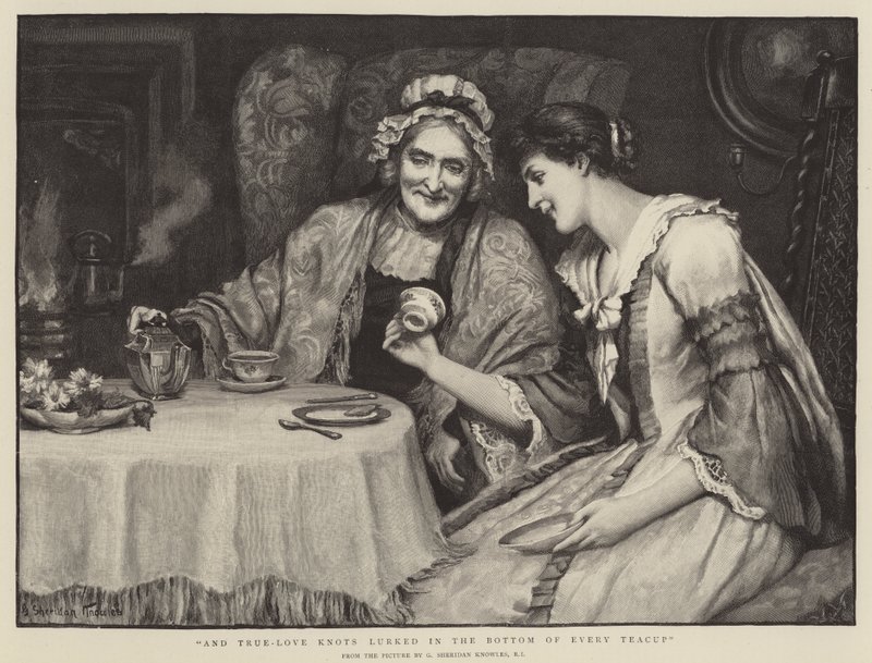 En ware liefdesknoopjes schuilden in de bodem van elke theekop door George Sheridan Knowles
