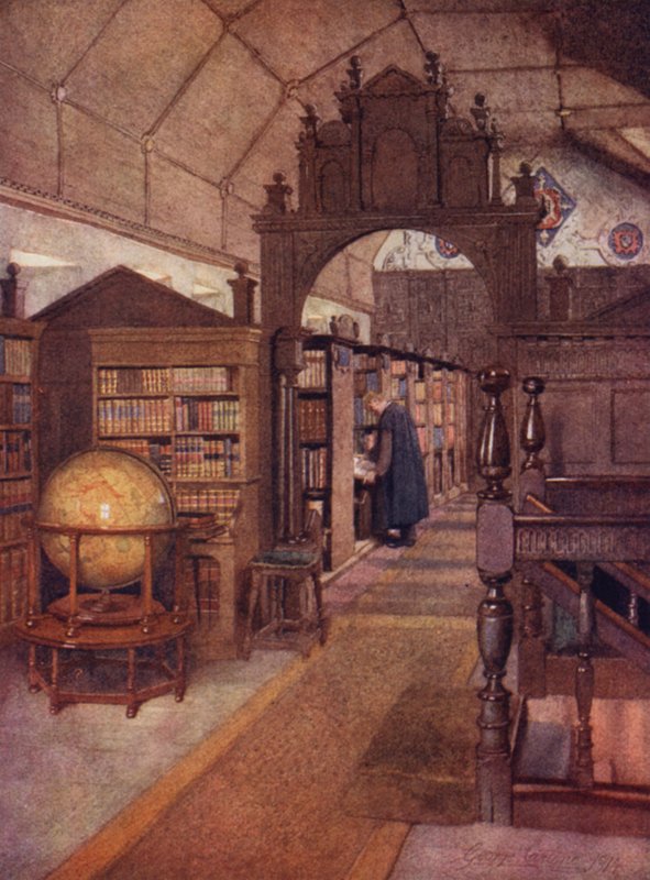 Oxford: Merton Bibliotheek (kleur litho) door George Carline