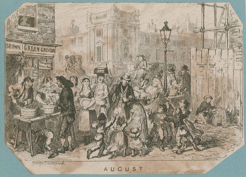 Een drukke marktscène door George Cruikshank