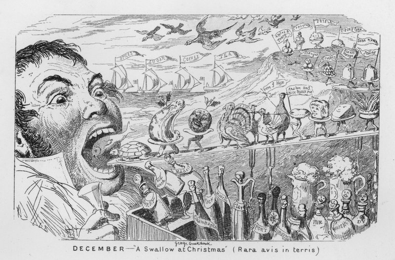 December, Een zwaluw met Kerstmis (gravure) door George Cruikshank