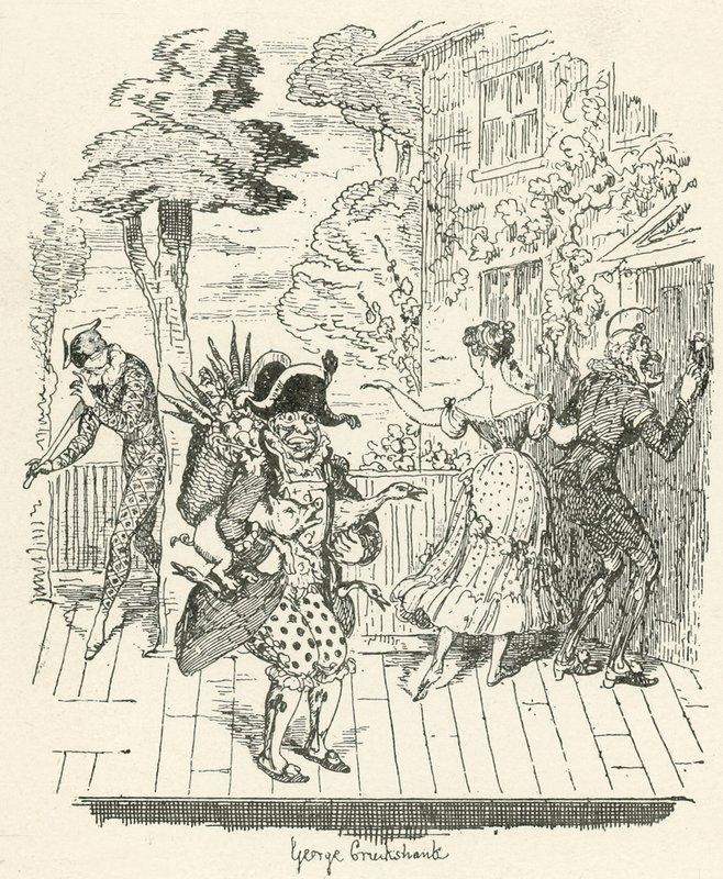 Joseph Grimaldi in Harlequinade door George Cruikshank