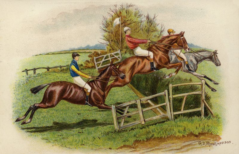 Renpaarden die een Hek springen door George Derville Rowlandson