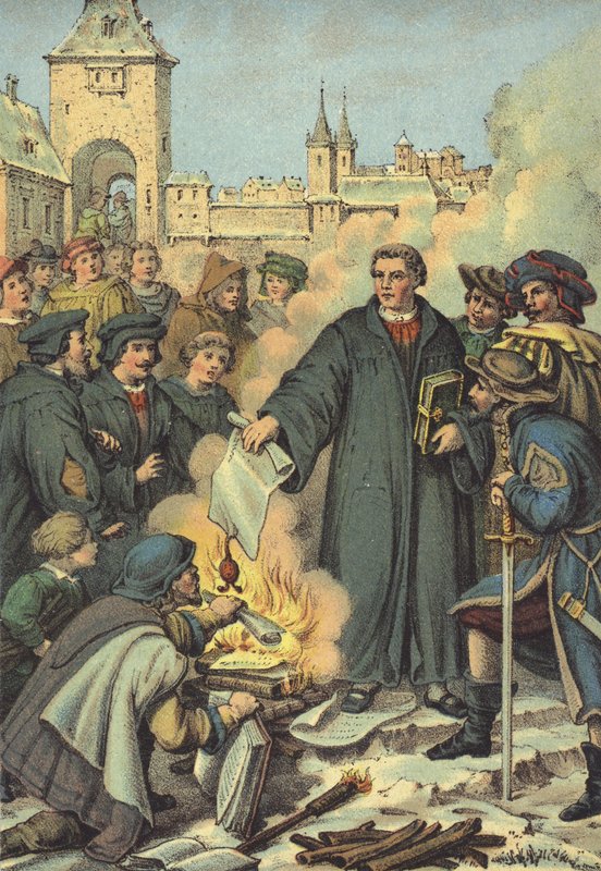 Luther steekt de pauselijke bullen in brand, Wittenberg, 10 december 1520 door German School