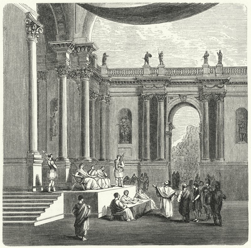 Een Romeinse rechtbank (gravure) door German School