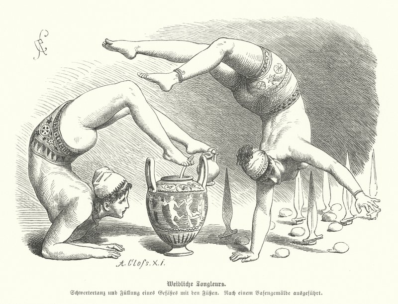 Oud-Griekse vrouwelijke acrobaten (gravure) door German School