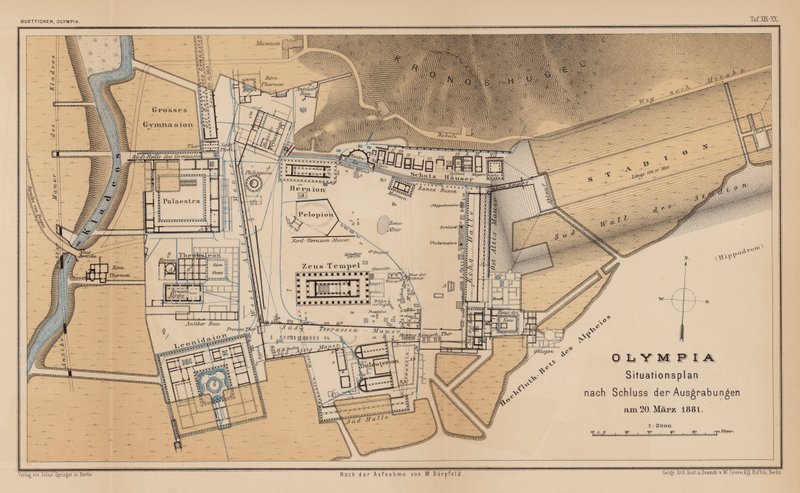 Archeologische kaart van Olympia (gravure) door German School