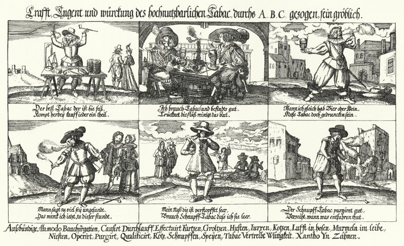 Cartoon over tabak en pijproken (gravure) door German School