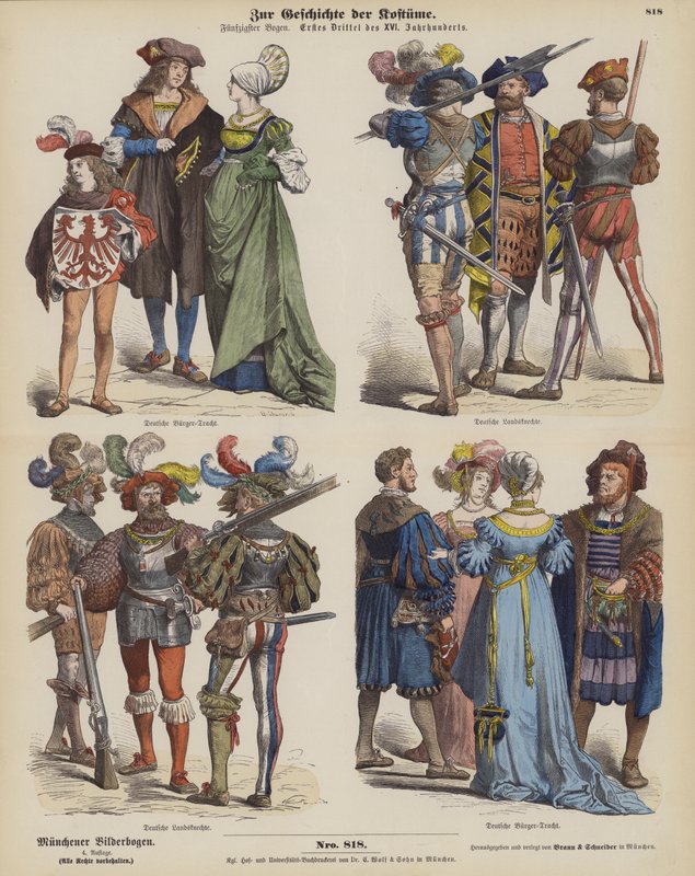 Duitse kostuums, begin 16e eeuw (gekleurde gravure) door German School