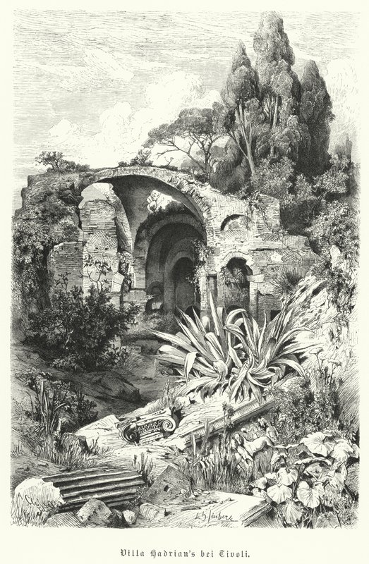 Villa van Hadrianus, Tivoli, Italië (gravure) door German School