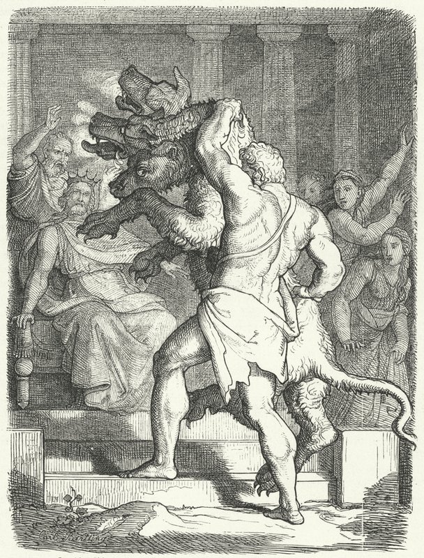 Heracles brengt Cerberus naar koning Eurystheus (gravure) door German School