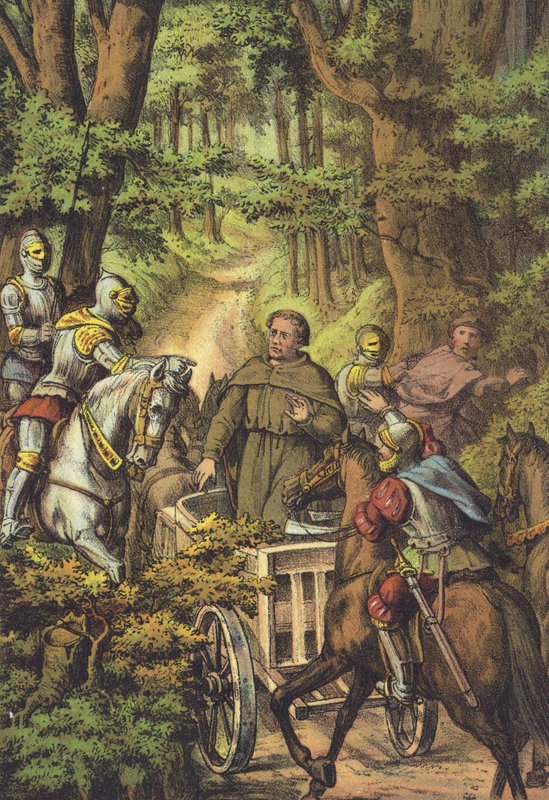 Luthers Ontvoering naar de Wartburg (chromolitho) door German School