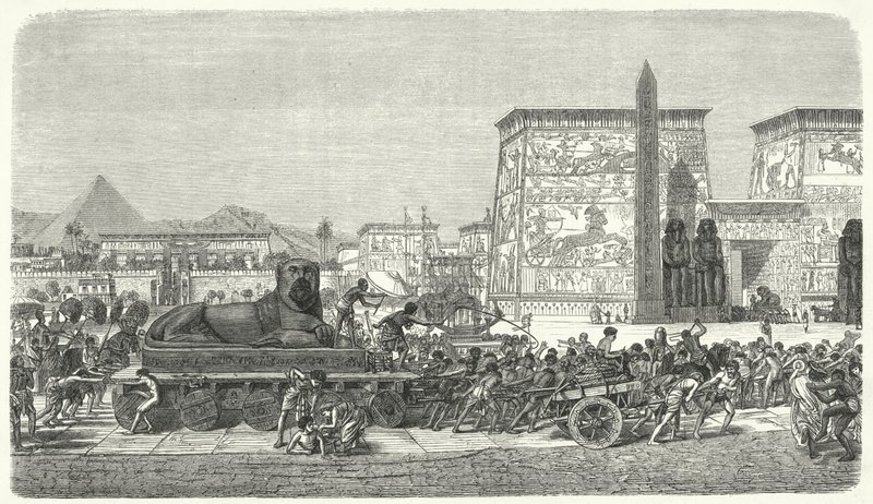 Verplaatsen van een standbeeld in het oude Egypte (gravure) door German School