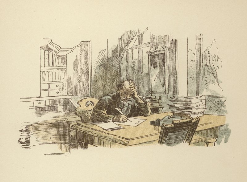 Dichter schrijft (kleur litho) door German School