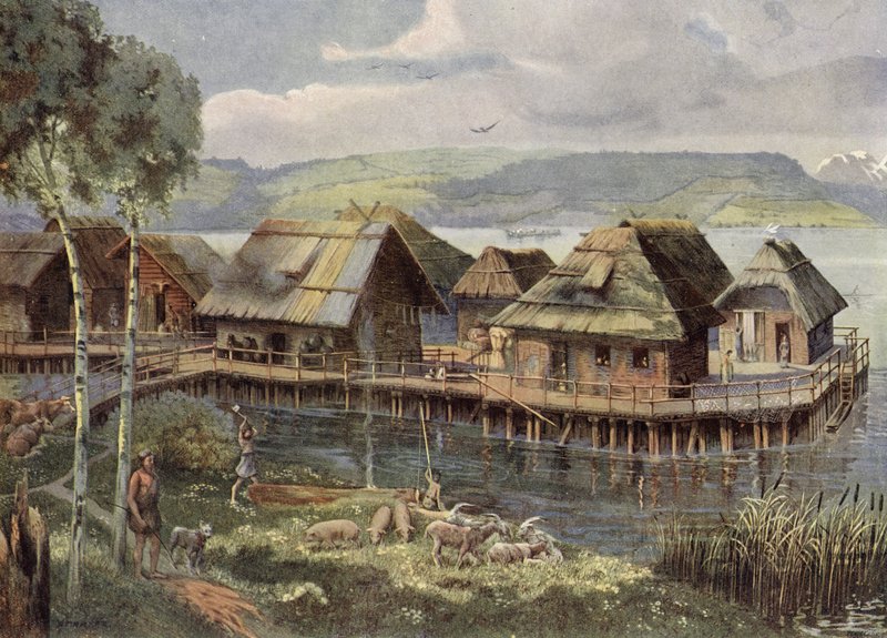 Prehistorisch Europees dorp aan een meer (kleurenlitho) door German School