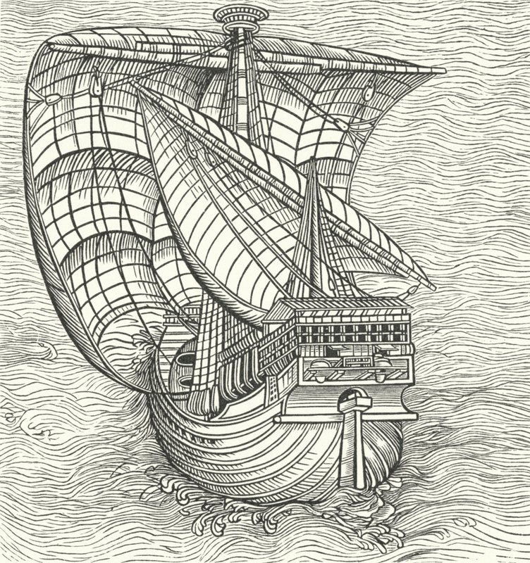 Zeeschip zeilend met de wind (gravure) door German School