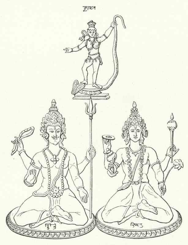 Shiva, Vishnu en Krishna, hindoegoden (gravure) door German School