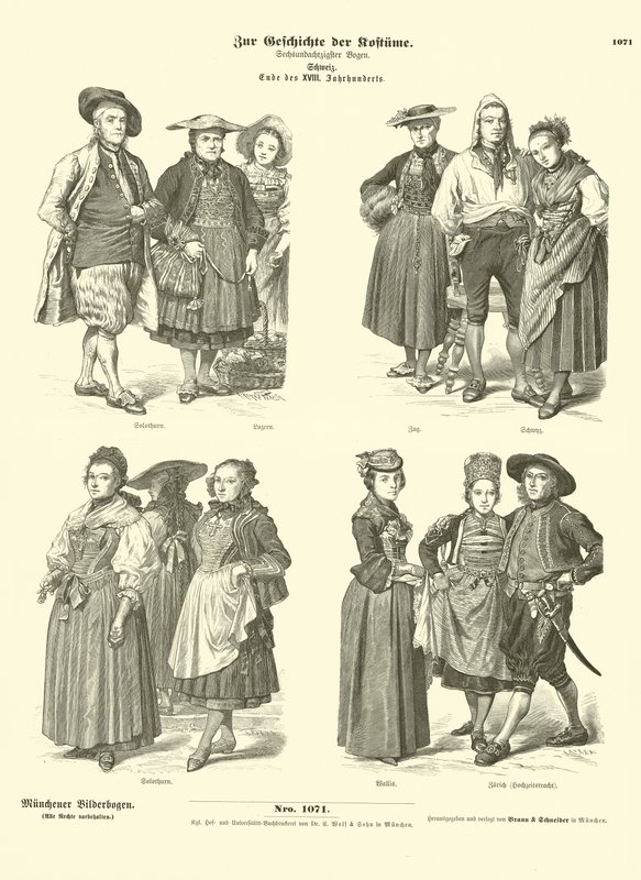 Zwitserse kostuums, eind 18e eeuw (gravure) door German School