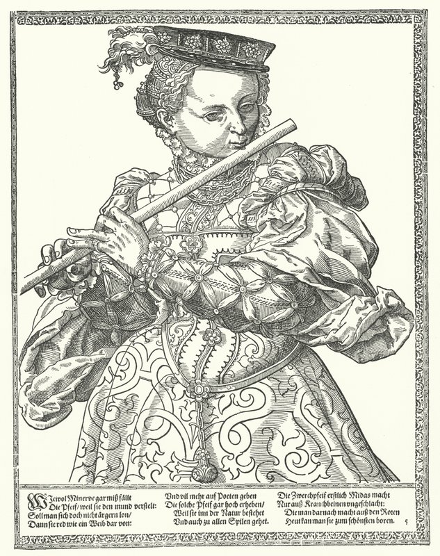 Vrouw die een fluit speelt (gravure) door German School