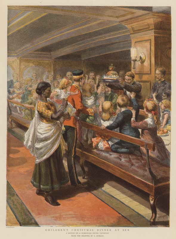 Kerstmaal voor kinderen op zee (chromolitho) door Godefroy Durand