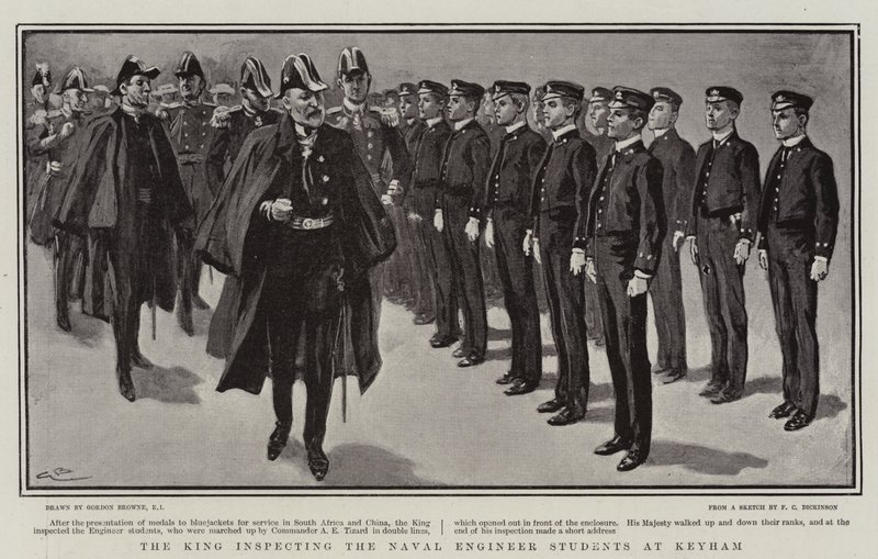 De Koning inspecteert de Marine Ingenieur Studenten in Keyham door Gordon Frederick Browne