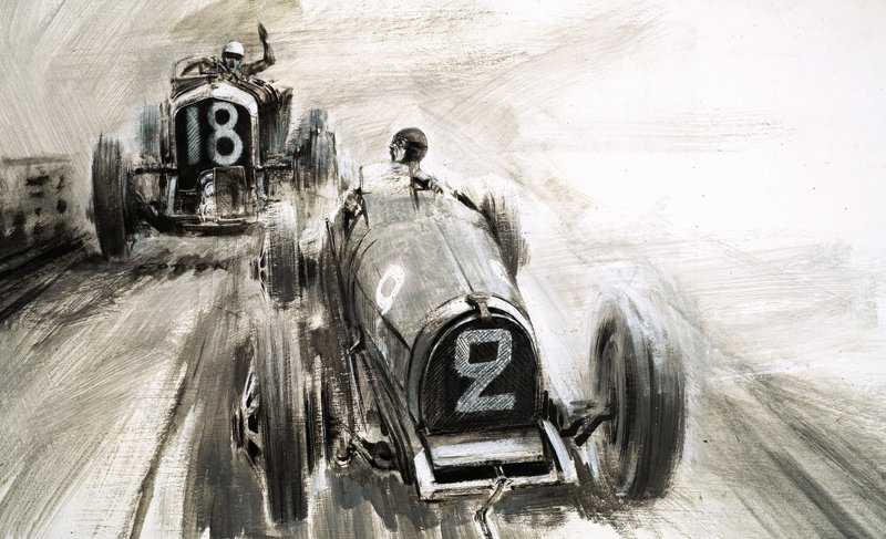 Tim Birkin rijdt op Brooklands door Graham Coton