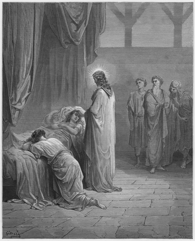 Jezus wekt de dochter van Jaïrus op door Gustave Dore