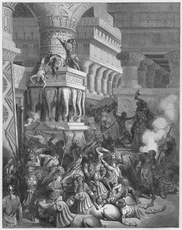 Jonathan vernietigt de tempel van Dagon door Gustave Dore