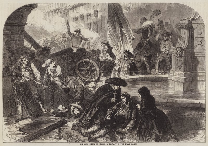 De staatsgreep in Madrid, een conflict in de Calle Mayor door Gustave Janet