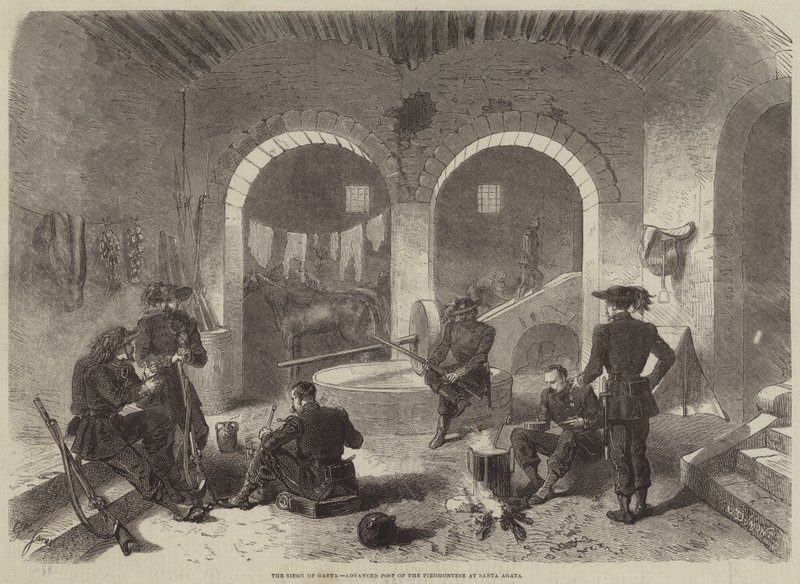 Het Beleg van Gaeta, Voorpost van de Piëmontezen bij Santa Agata door Gustave Janet
