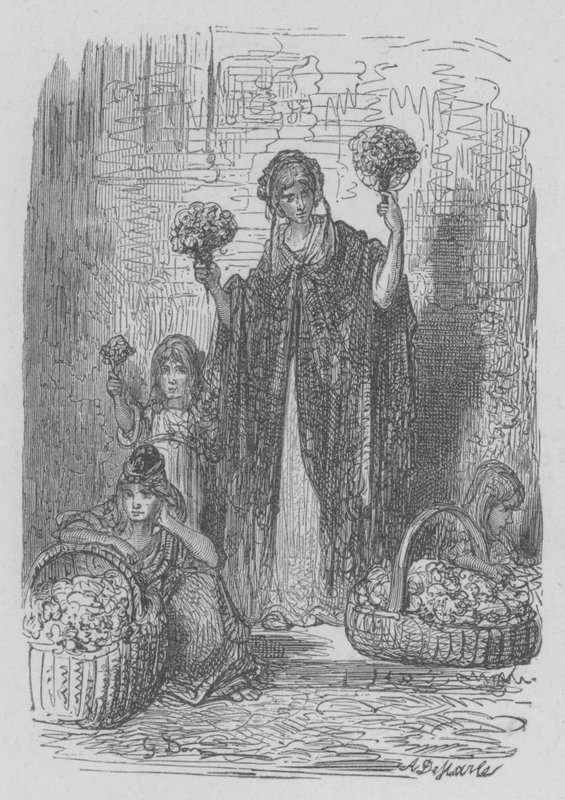 Bloemenverkoopster door Gustave after Dore