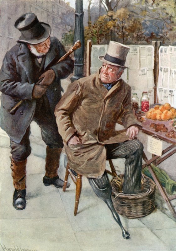 Mr. Boffin en Silas Wegg (kleur litho) door Harold Copping
