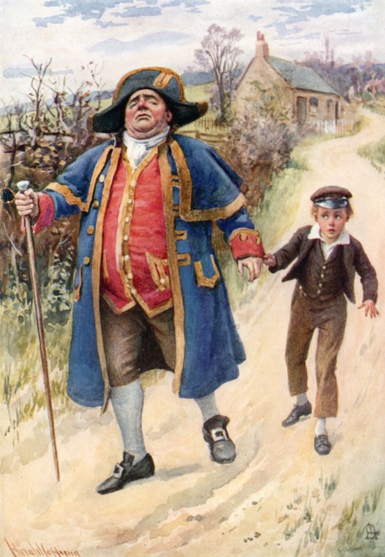 Mr. Bumble en Oliver Twist (kleur litho). door Harold Copping
